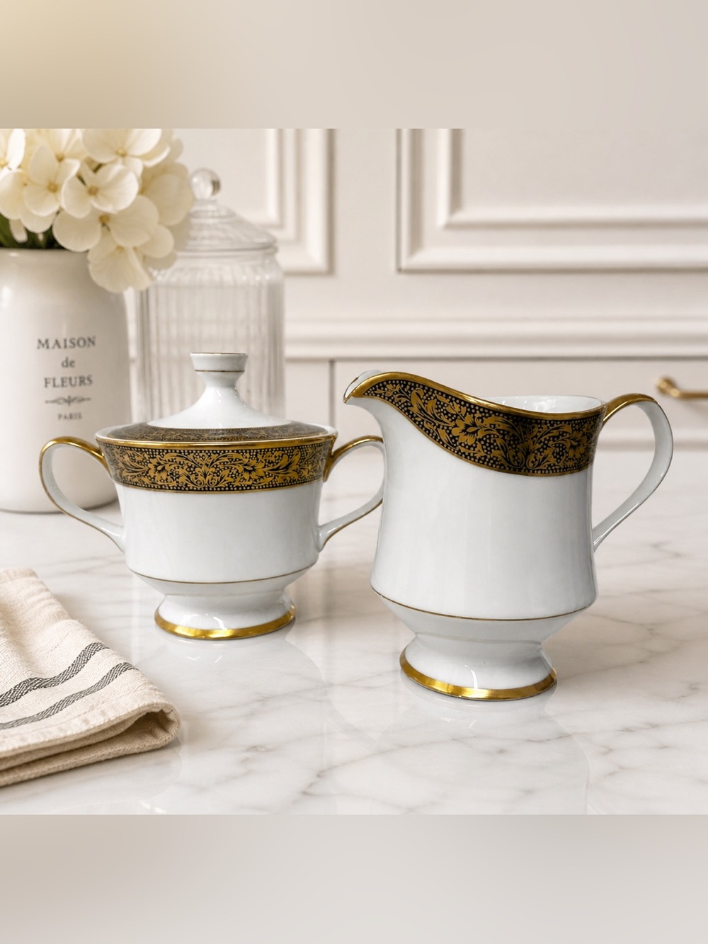 Sango Hampton 3758 Creamer Sugar Bowl Set Gold Filigree Japan